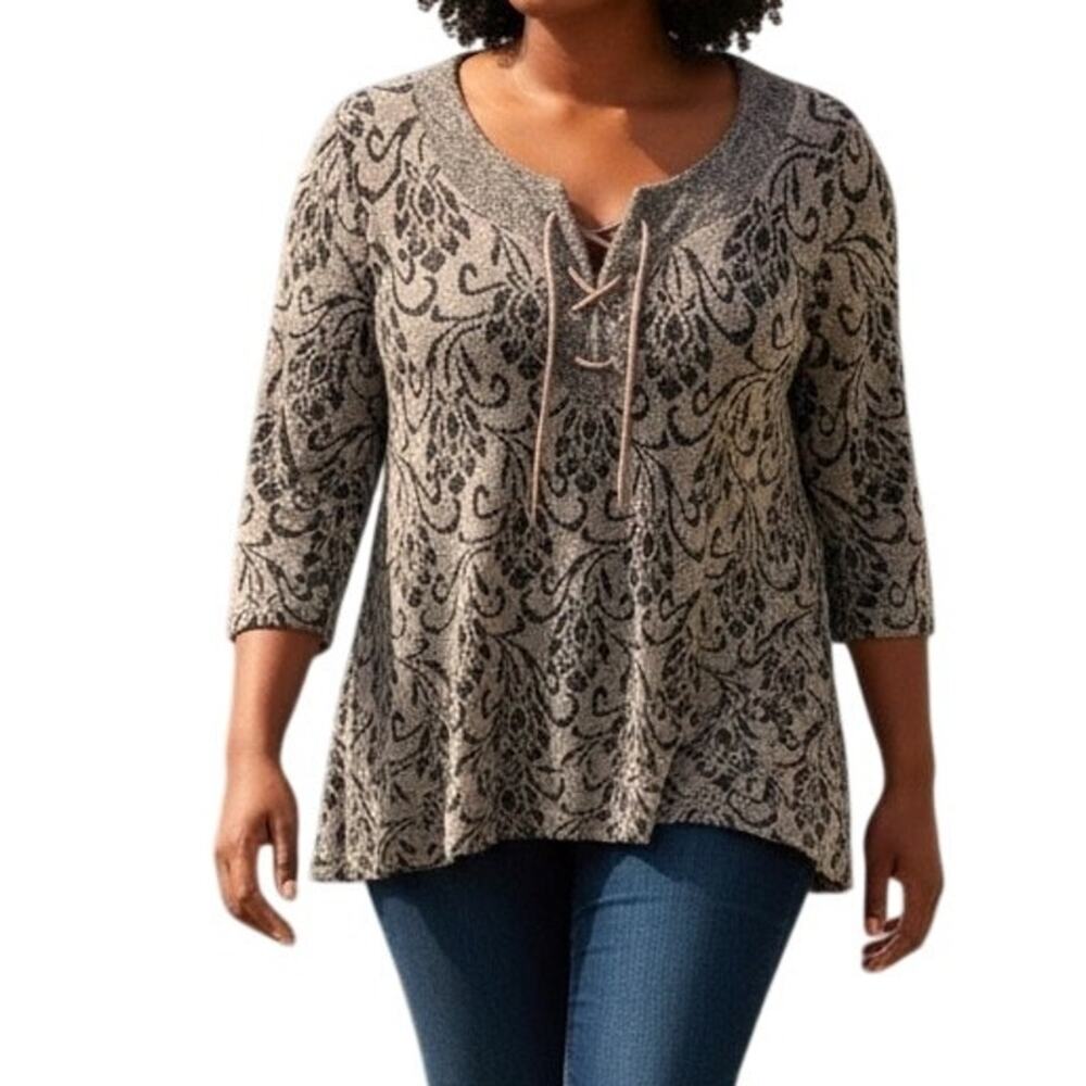 Catherines Laceup Sweater Womens Size 3X Gray Black Relaxed Slouchy Boho Top